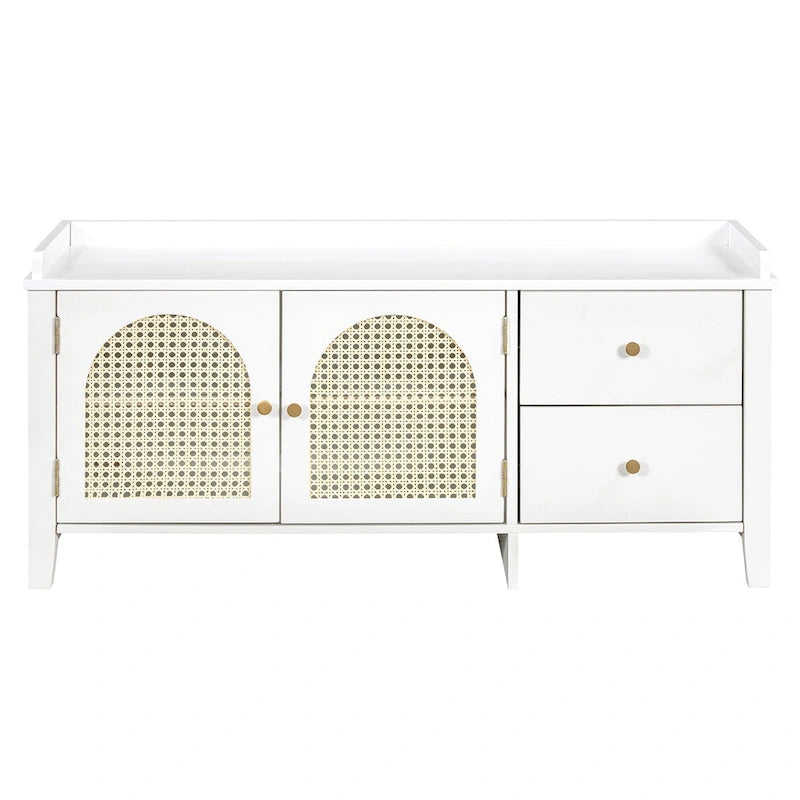 Banc de rangement d'entrée avec coussin, 2 tiroirs et portes en rotin