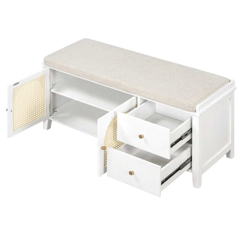 Banc de rangement d'entrée avec coussin, 2 tiroirs et portes en rotin