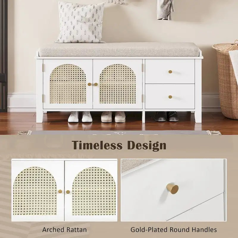 Banc de rangement d'entrée avec coussin, 2 tiroirs et portes en rotin