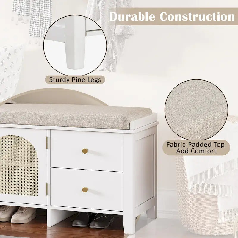 Banc de rangement d'entrée avec coussin, 2 tiroirs et portes en rotin