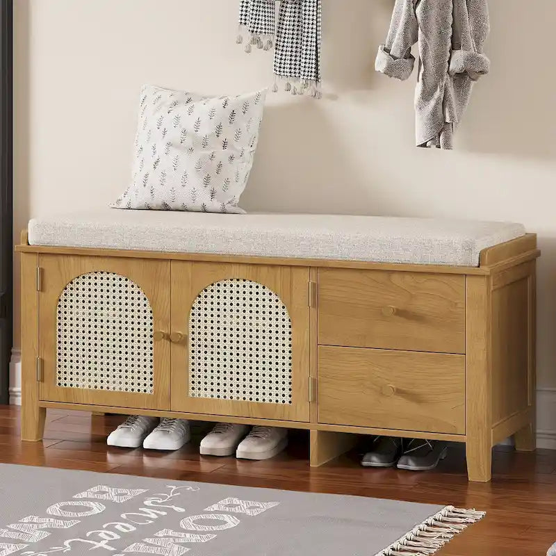 Banc de rangement d'entrée avec coussin, 2 tiroirs et portes en rotin
