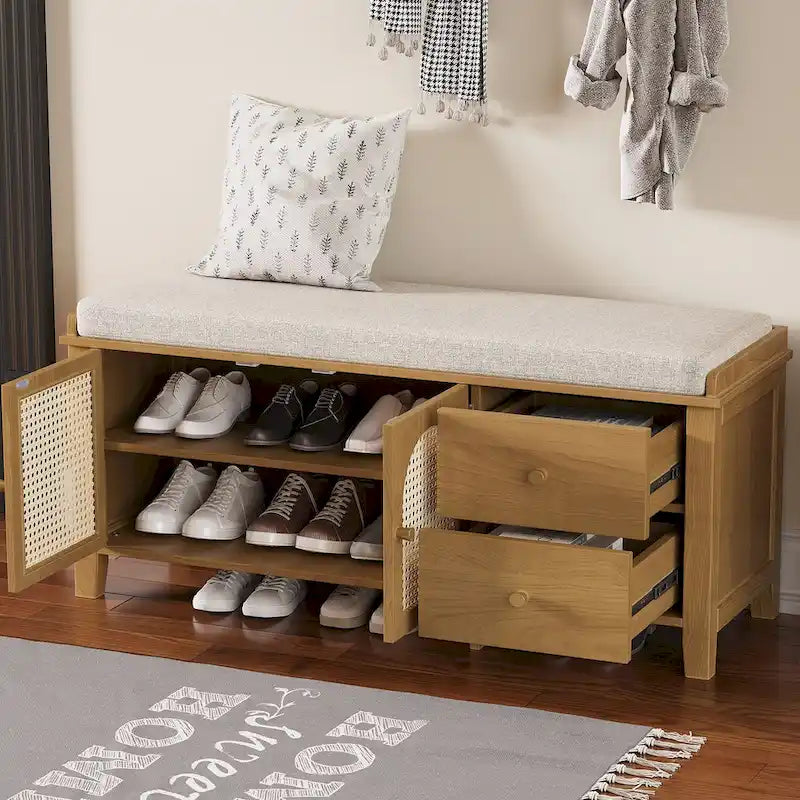 Banc de rangement d'entrée avec coussin, 2 tiroirs et portes en rotin