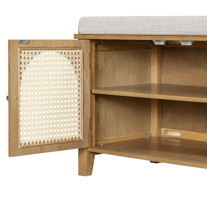 Banc de rangement d'entrée avec coussin, 2 tiroirs et portes en rotin