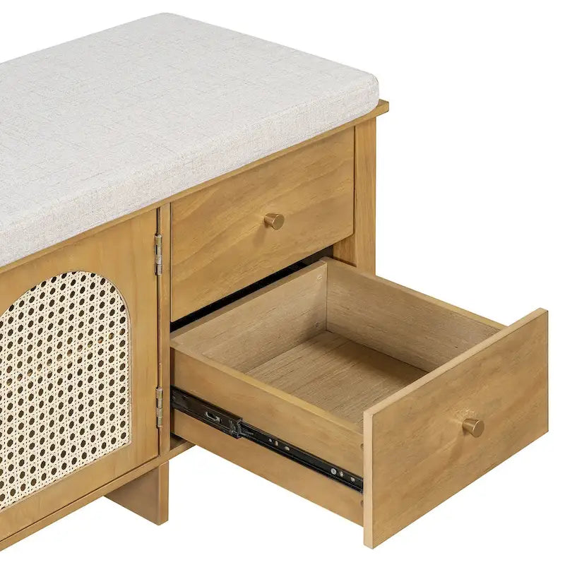 Banc de rangement d'entrée avec coussin, 2 tiroirs et portes en rotin