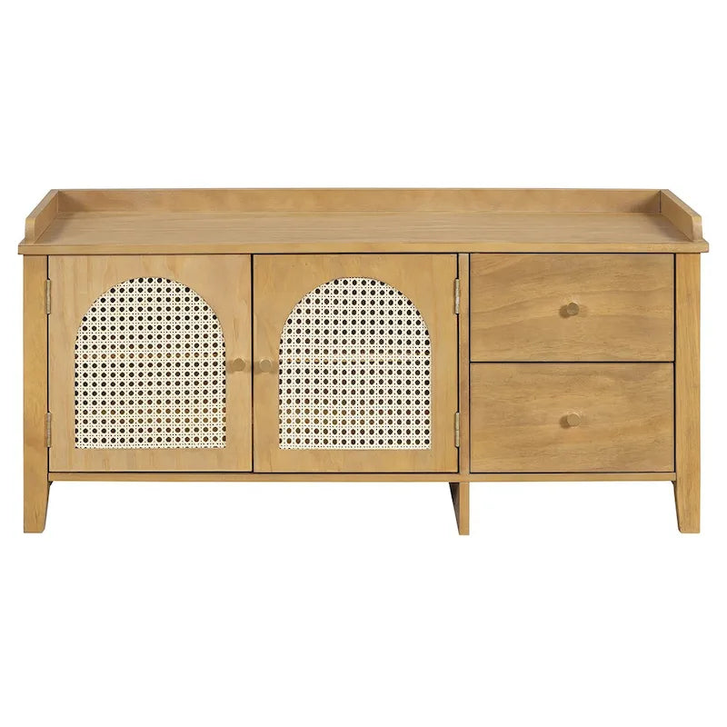 Banc de rangement d'entrée avec coussin, 2 tiroirs et portes en rotin