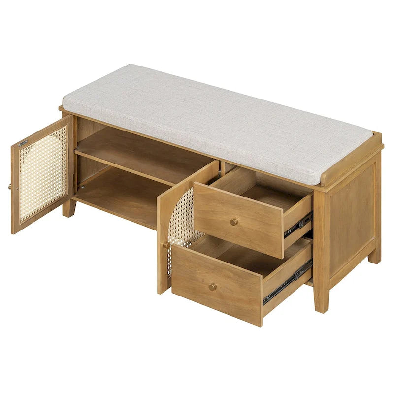 Banc de rangement d'entrée avec coussin, 2 tiroirs et portes en rotin
