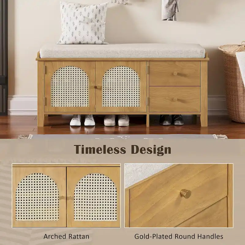 Banc de rangement d'entrée avec coussin, 2 tiroirs et portes en rotin