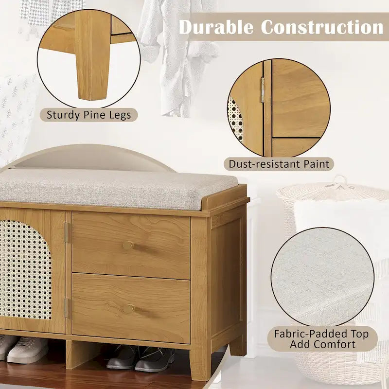 Banc de rangement d'entrée avec coussin, 2 tiroirs et portes en rotin
