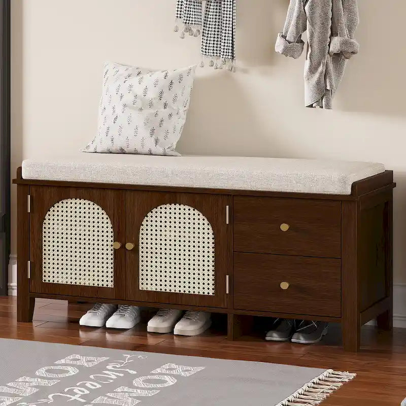 Banc de rangement d'entrée avec coussin, 2 tiroirs et portes en rotin
