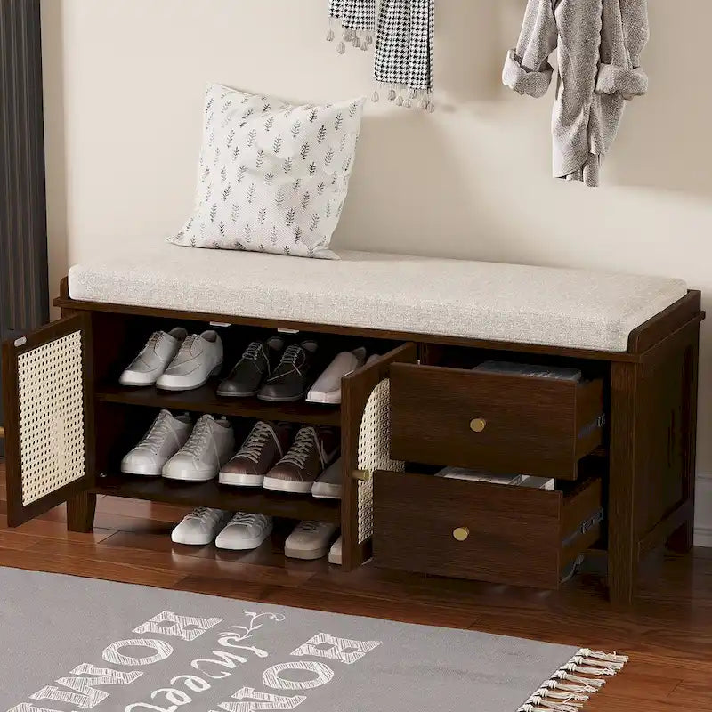 Banc de rangement d'entrée avec coussin, 2 tiroirs et portes en rotin