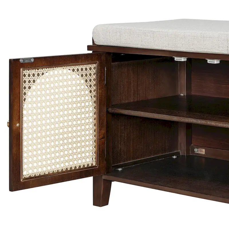 Banc de rangement d'entrée avec coussin, 2 tiroirs et portes en rotin