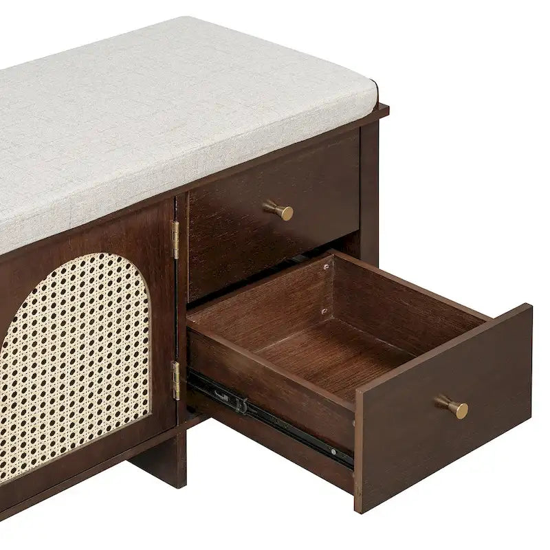 Banc de rangement d'entrée avec coussin, 2 tiroirs et portes en rotin