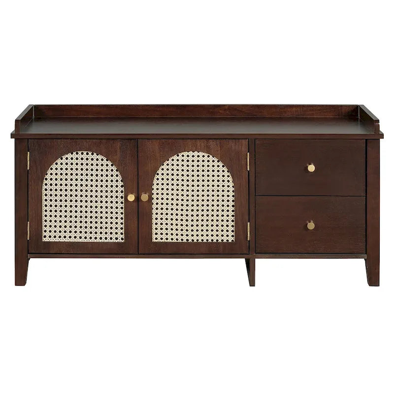 Banc de rangement d'entrée avec coussin, 2 tiroirs et portes en rotin