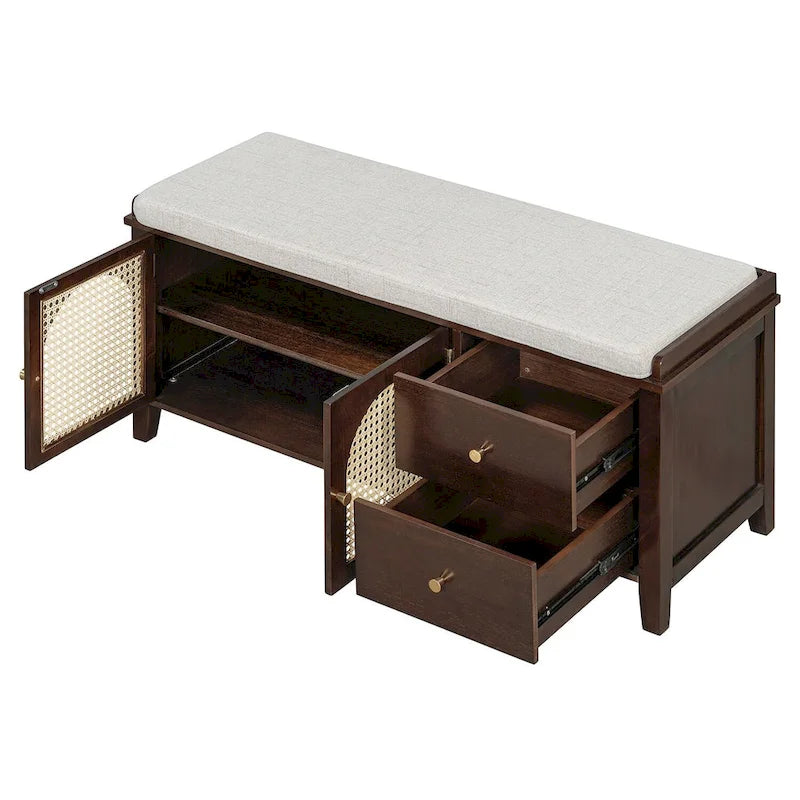 Banc de rangement d'entrée avec coussin, 2 tiroirs et portes en rotin