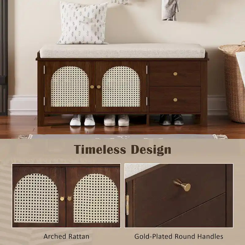 Banc de rangement d'entrée avec coussin, 2 tiroirs et portes en rotin