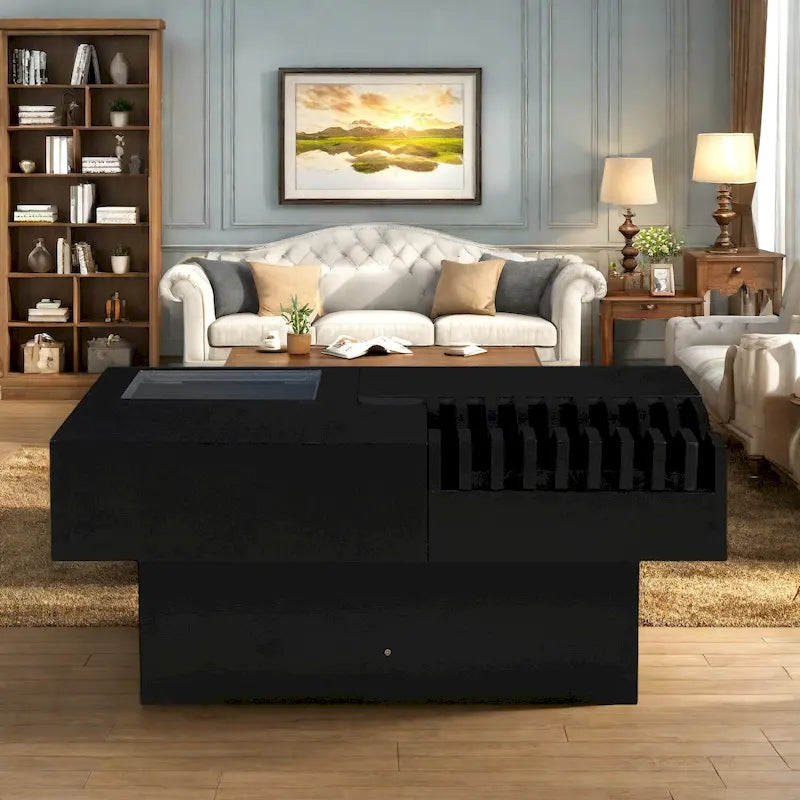 Table basse carrée multifonctionnelle en bois massif avec design ondulé et tiroirs de rangement (33 cm)