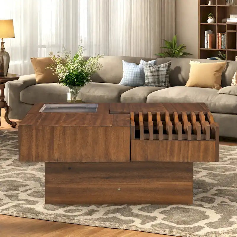 Table basse carrée multifonctionnelle en bois massif avec design ondulé et tiroirs de rangement (33 cm)