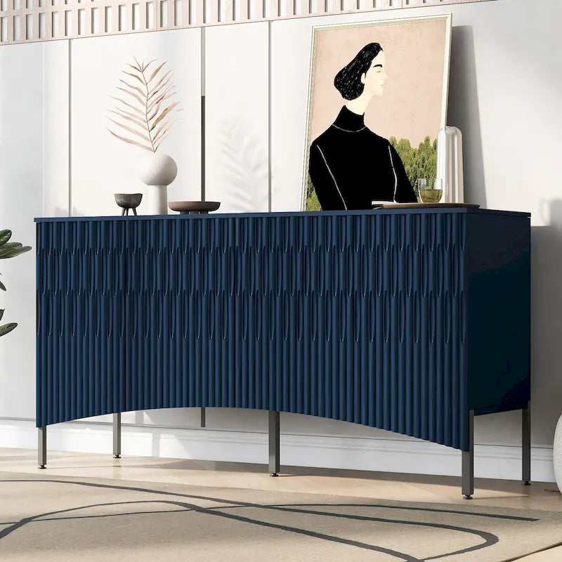 Buffet de rangement moderne avec 4 portes rainurées arquées, meuble de rangement avec pieds en métal et étagères réglables pour salon