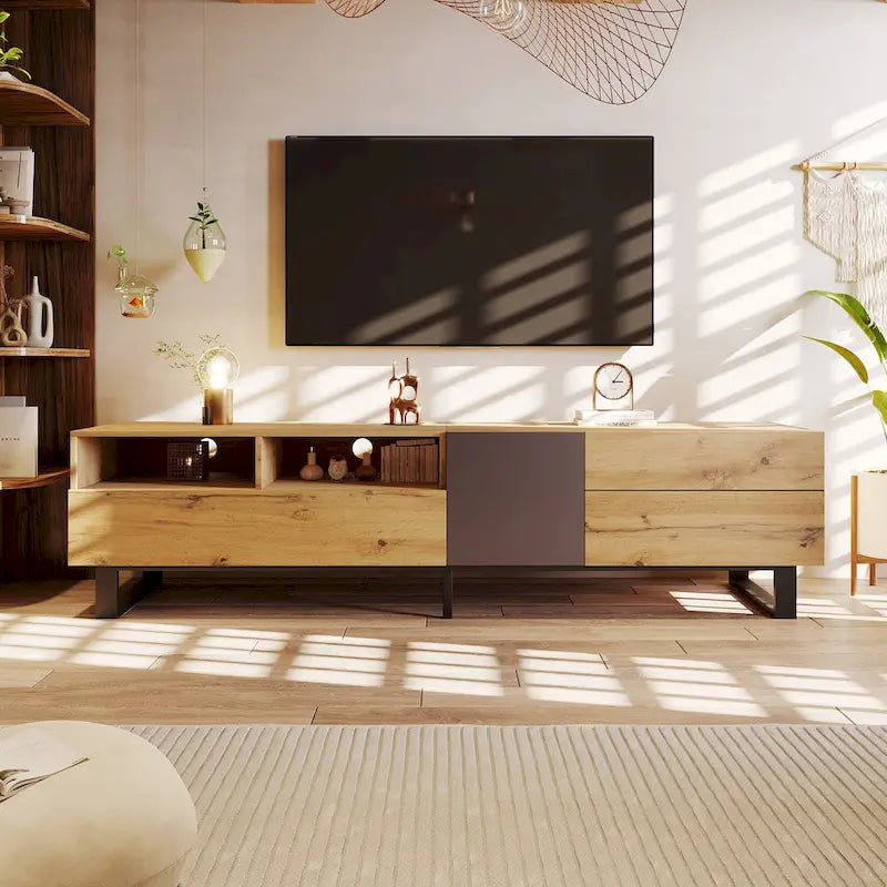 Meuble TV 177 cm avec double rangement et porte abattante pour téléviseurs jusqu'à 203 cm