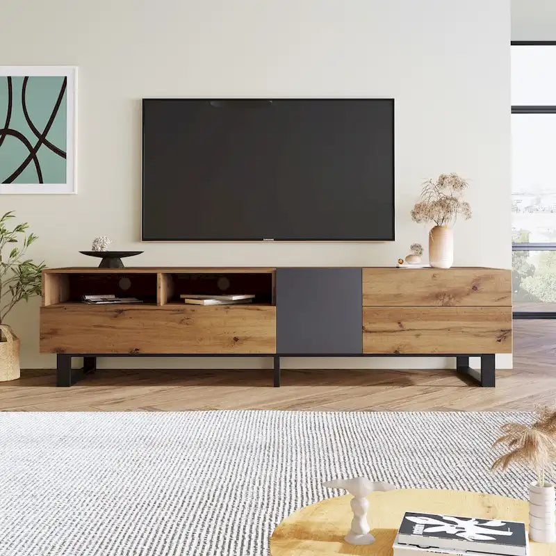 Meuble TV 177 cm avec double rangement et porte abattante pour téléviseurs jusqu'à 203 cm