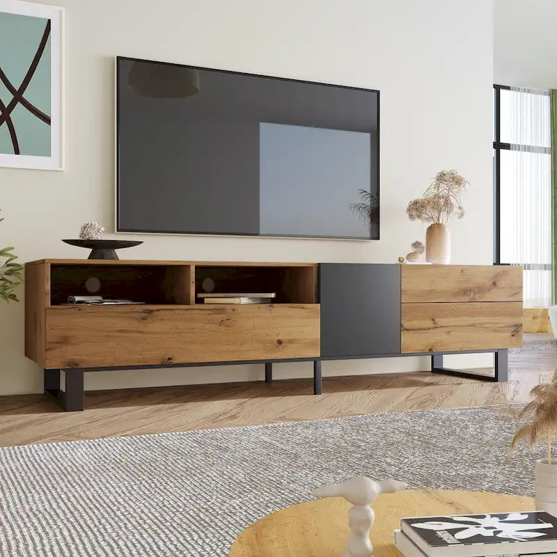Meuble TV 177 cm avec double rangement et porte abattante pour téléviseurs jusqu'à 203 cm