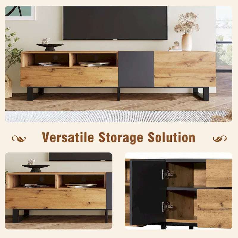 Meuble TV 177 cm avec double rangement et porte abattante pour téléviseurs jusqu'à 203 cm