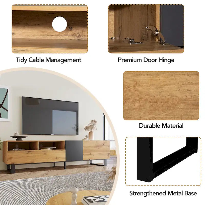 Meuble TV 177 cm avec double rangement et porte abattante pour téléviseurs jusqu'à 203 cm
