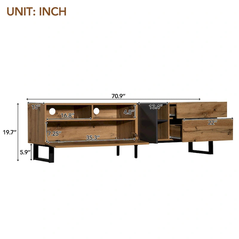 Meuble TV 177 cm avec double rangement et porte abattante pour téléviseurs jusqu'à 203 cm