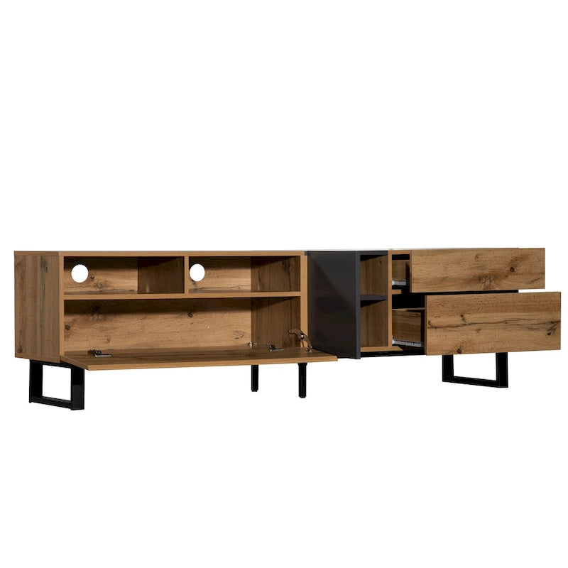 Meuble TV 177 cm avec double rangement et porte abattante pour téléviseurs jusqu'à 203 cm