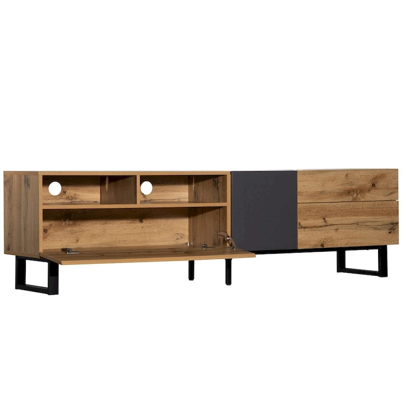 Meuble TV 177 cm avec double rangement et porte abattante pour téléviseurs jusqu'à 203 cm