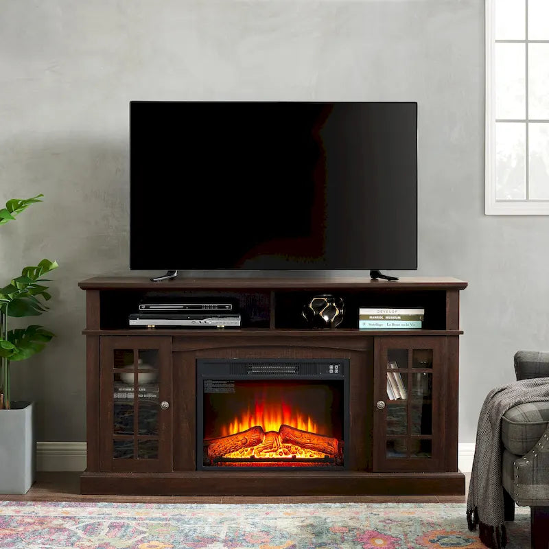 Meuble TV avec foyer espresso de 58 po et rangement ouvert et fermé pour téléviseurs jusqu'à 65 po