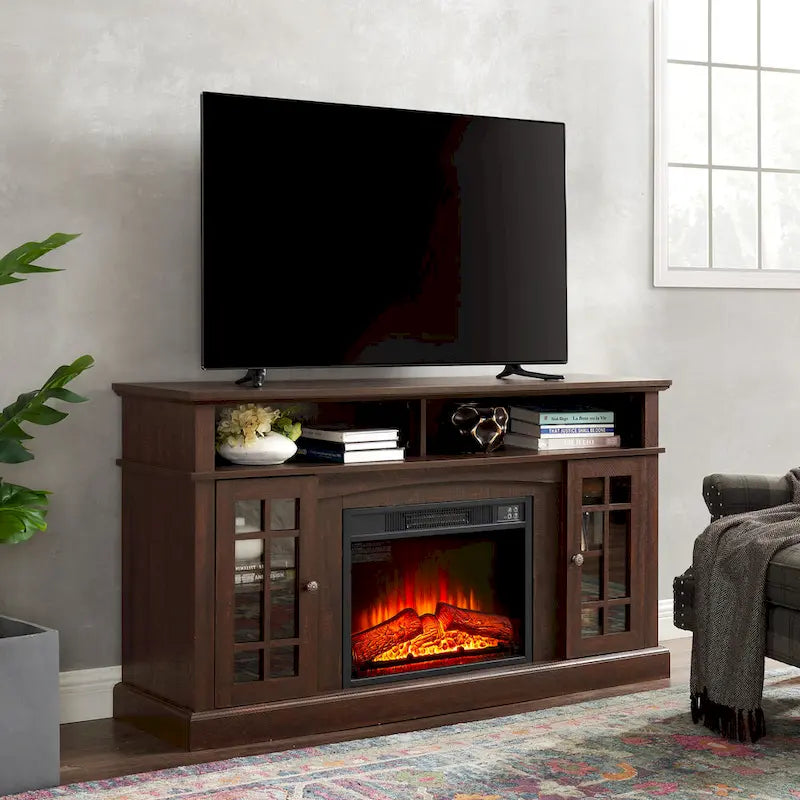 Meuble TV avec foyer espresso de 58 po et rangement ouvert et fermé pour téléviseurs jusqu'à 65 po