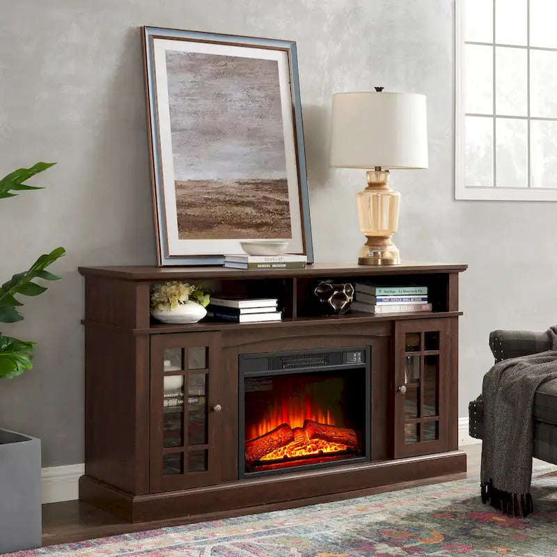 Meuble TV avec foyer espresso de 58 po et rangement ouvert et fermé pour téléviseurs jusqu'à 65 po