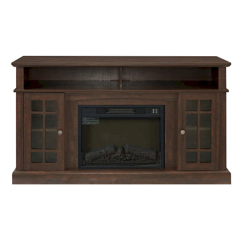 Meuble TV avec foyer espresso de 58 po et rangement ouvert et fermé pour téléviseurs jusqu'à 65 po