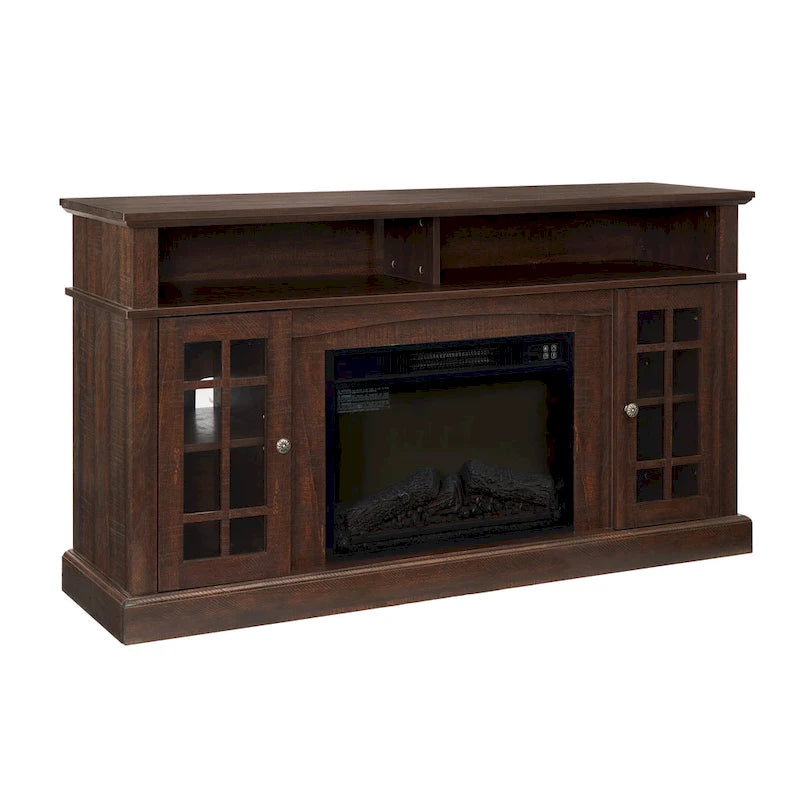 Meuble TV avec foyer espresso de 58 po et rangement ouvert et fermé pour téléviseurs jusqu'à 65 po