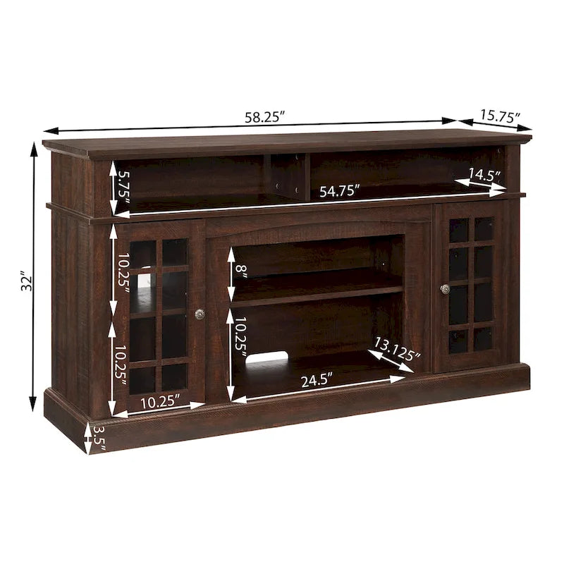 Meuble TV avec foyer espresso de 58 po et rangement ouvert et fermé pour téléviseurs jusqu'à 65 po