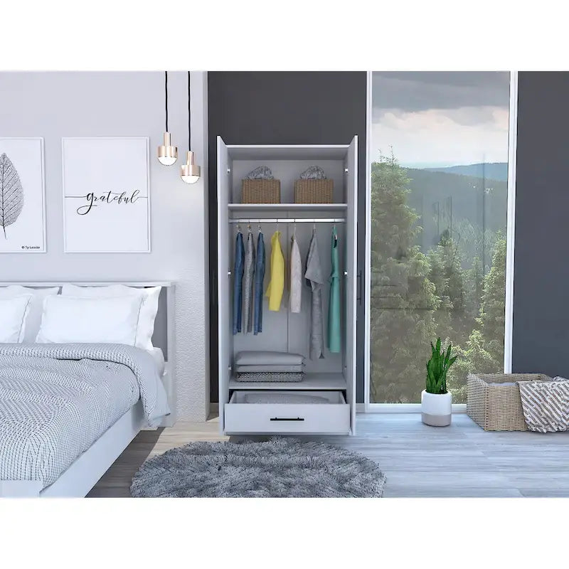 19.7 Armoire double moderne avec deux étagères et un tiroir pour chambre à coucher