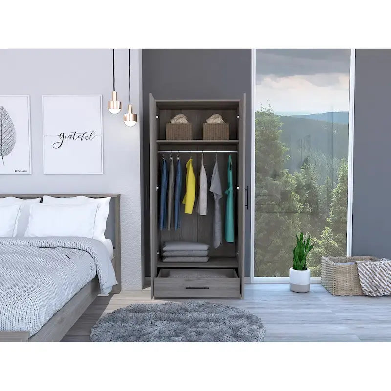 19.7 Armoire double moderne avec deux étagères et un tiroir pour chambre à coucher