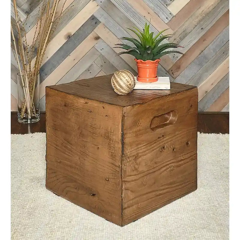 Table d'appoint et tabouret rustiques en similicuir grain de bois