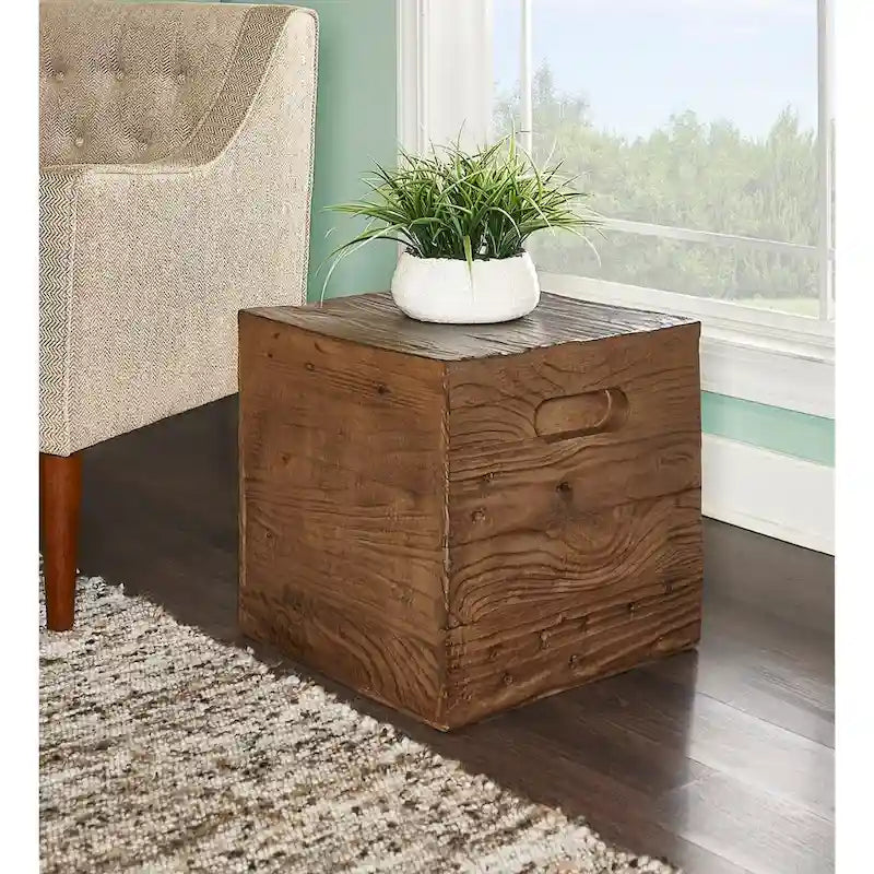 Table d'appoint et tabouret rustiques en similicuir grain de bois