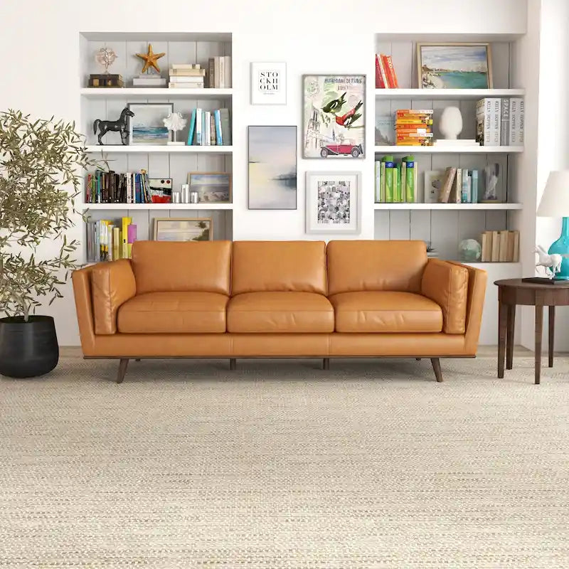 Canapé en cuir moderne du milieu du siècle, couleur camel