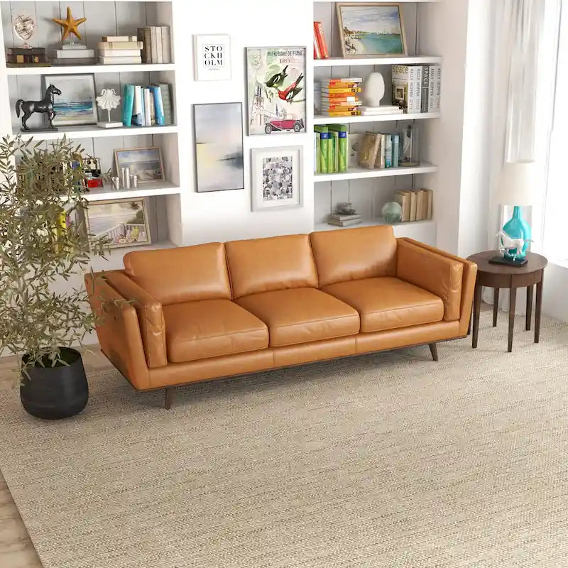 Canapé en cuir moderne du milieu du siècle, couleur camel