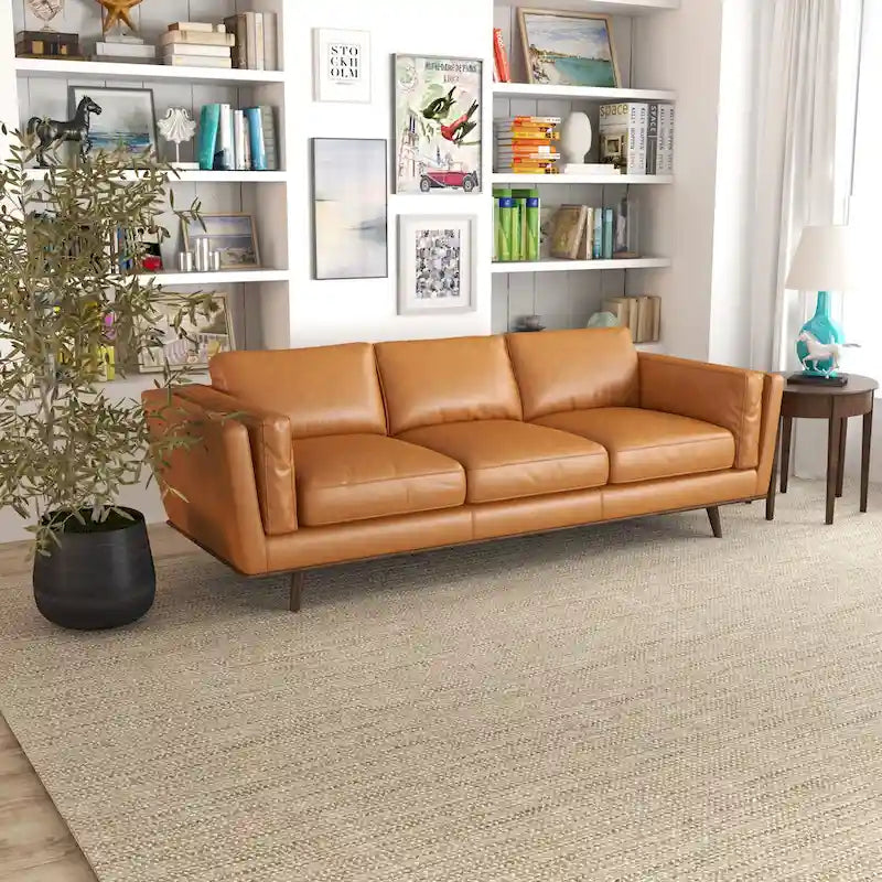 Canapé en cuir moderne du milieu du siècle, couleur camel