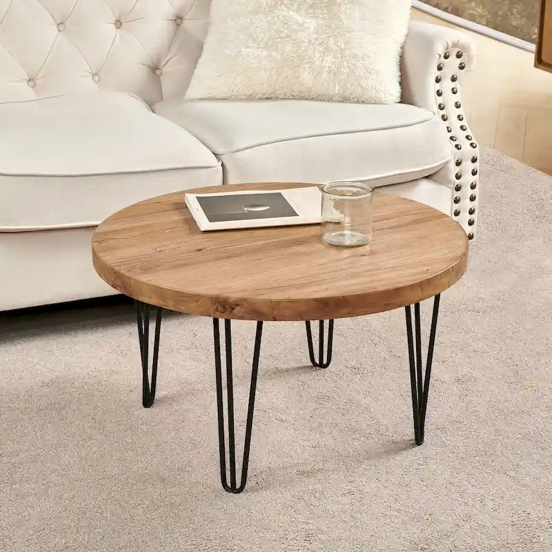 Table d'appoint en bois avec pieds épingles en fer