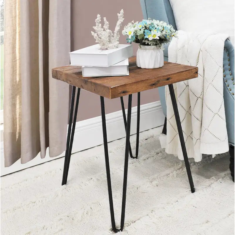 Table d'appoint en bois avec pieds épingles en fer