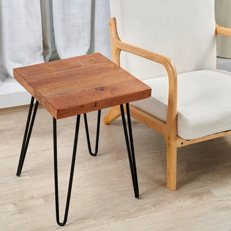 Table d'appoint en bois avec pieds épingles en fer