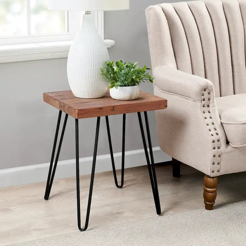 Table d'appoint en bois avec pieds épingles en fer