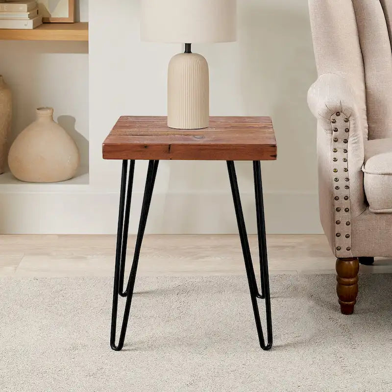 Table d'appoint en bois avec pieds épingles en fer