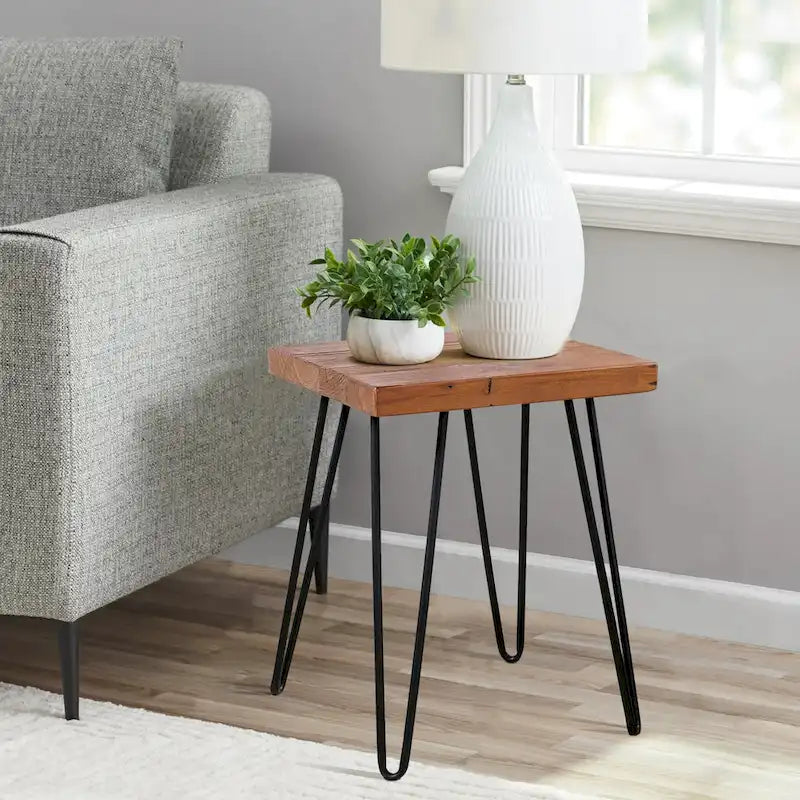 Table d'appoint en bois avec pieds épingles en fer