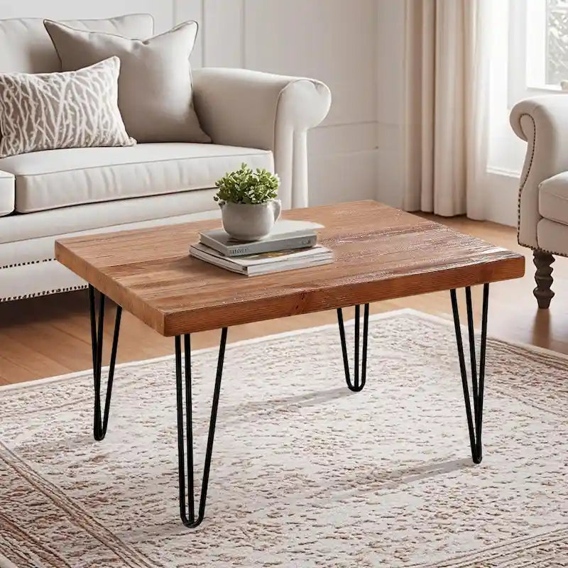 Table d'appoint en bois avec pieds épingles en fer